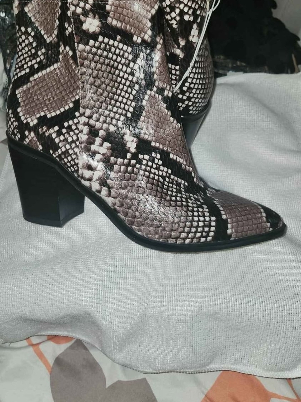 14th & Union Taupe and Black Snake-Print Block Heel Ankle Boots